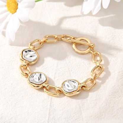 14K Gold & Silver Plated Lightweight Link Bracelet for Women | Stackable Bracelets ,14K Gold Plated Bracelets with CZ,Lightweight Trendy Chain Bracelet Jewelry Gift - style: round&gold chain