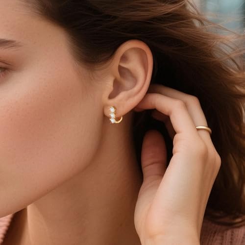 Cubic Zirconia Hoop Earrings for Women Small Huggie Hoops, 12MM - color: 14K Gold