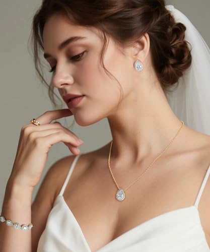 Teardrop Cubic Zirconia Jewelry Set for Women Wedding Prom Bridesmaid Gift | Sparkle Necklace Earrings Bracelet, Bride Formal Party Jewelry - color: Gold