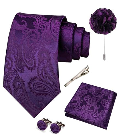 JEMYGINS Mens Paisley Tie and Pocket Square,Lapel Pin,Cufflinks,Tie Clip Sets with Gift Box 5PCS - color: Dark Purple