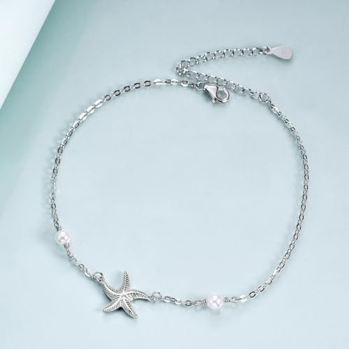 POPLYKE Frog/Pearl/Dragonfly/Ladybug/Highland Cow/Pearl/Moonstone Anklets Sterling Silver Double Layered Chain Beach Anklets for Women Foot Jewelry - style: pearl starfish