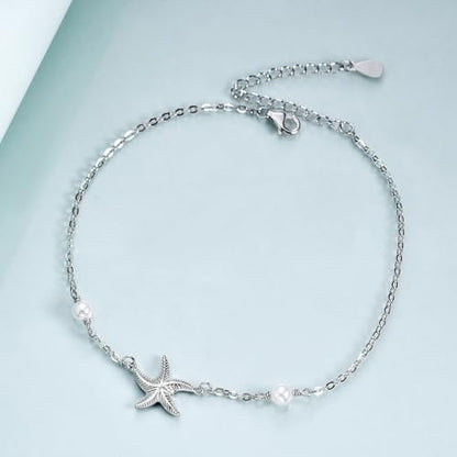 POPLYKE Frog/Pearl/Dragonfly/Ladybug/Highland Cow/Pearl/Moonstone Anklets Sterling Silver Double Layered Chain Beach Anklets for Women Foot Jewelry - style: pearl starfish