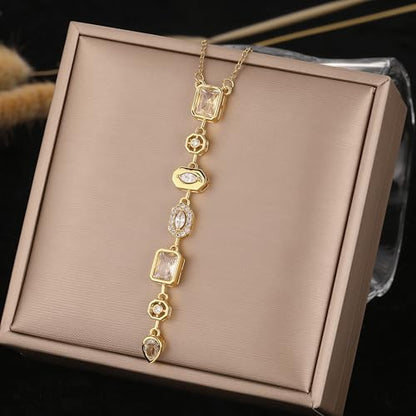 18K Gold Plated Seven Chakra Necklace for Women, Dainty Y Necklace Lariat Drop Pendant, Crystal Healing Yoga Jewelry Gifts - color: Gold White