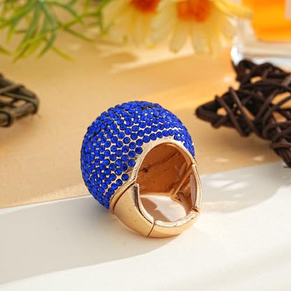 Gold Snowball Rhinestone Cocktail Ring – Adjustable Stretch Sparkling Party Jewelry for Women, Elegant Costume Ring for Evening Wear, Wedding, Prom - color: blue