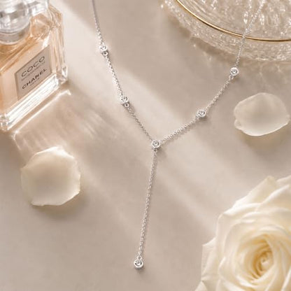 Lariat Gold Necklace for Women, 14K Gold Plated Dainty Drop Y Necklace, Waterproof Non Tarnish Long Layered Beaded Chain Lariat Necklace Prom Jewelry Summer Vacation Gift for Her - color: Silver-8