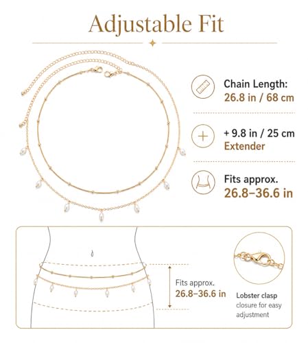 Gold Chain Belt for Women, 14K Gold Plated Layered Pearl Shell Belly Chain, Adjustable Gold Waist Chain and Beach Waist Chain Body Jewelry for Bikini Summer Outfits - color: Starlight Platinum