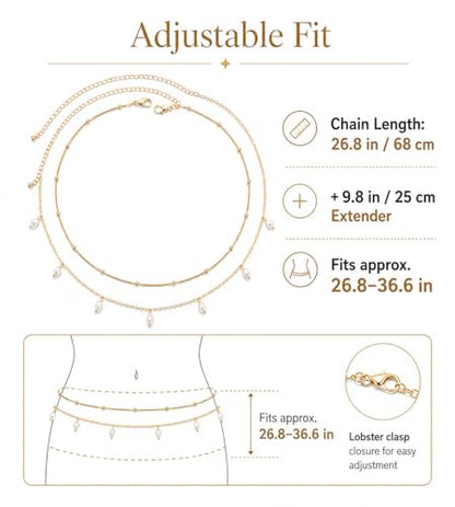 Gold Chain Belt for Women, 14K Gold Plated Layered Pearl Shell Belly Chain, Adjustable Gold Waist Chain and Beach Waist Chain Body Jewelry for Bikini Summer Outfits - color: Starlight Platinum
