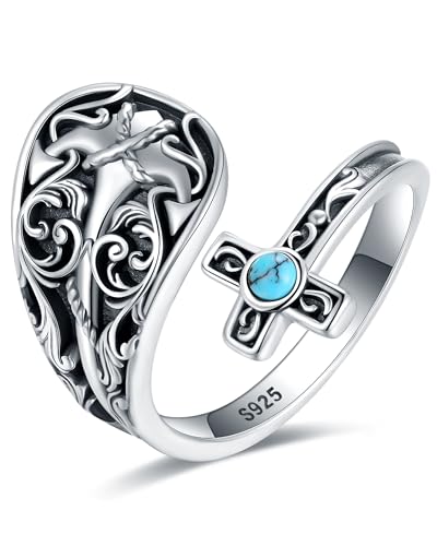 S925-Sterling-Silver Abalone Dragonfly-Turquoise Spoon Ring - Vintage Boho Sunflower Thumb Oxidized Wrap Rings Victorian Style Antique Floral Jewelry Gifts for Women - color: Anchor Cross Spoon Ring