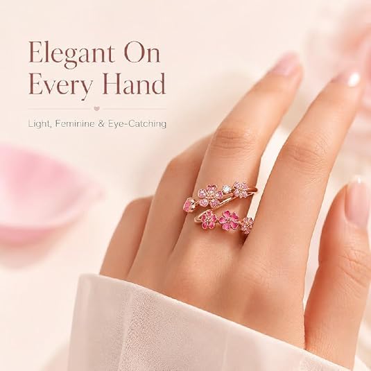 Peach Blossom Adjustable Ring, Pink Floral, Crystal Accents, Open Band, for Women, Romantic Cherry Blossom Style, Gift for Birthdays, Weddings - color: BLUE
