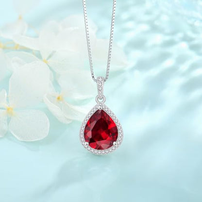FJ Teardrop Pendant Necklace 925 Sterling Silver Birthstone Jewelry for Women - color: 07 July-Ruby