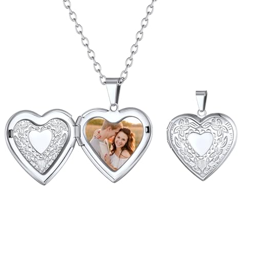 FindChic Locket Necklace for Women Custom Photo Memorial Gifts 4 Colors | Silver/Black/Rose Gold/Gold Plated Personalized for Loved Ones, Birthday Valentine's Day Keepsake - style: 13. Heart Pattern (DIY)-Silver