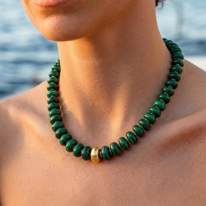 Beaded necklace for Women Boho Bead Gemstone Chunky Necklace Big Bead Necklace Fashion Trendy Summer Necklaces Jewelry Gifts - color: Green&GD Beaded