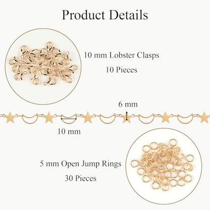 Jabogrii 5 Meters Star Moon Jewelry Making Chains Gold Plated Brass Chain | DIY Jewelry Making Supplies Necklace Bracelet Craft Chain Roll for Jewelry Making - color: Moon Gold