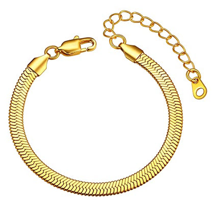 ChainsHouse Stainless Steel Herringbone Flat Chain Bracelets for Women,18K Gold/Rose Gold/Black Metal Paperclip/Snake/Cuban/Figaro Sterling Silver Link Charm Bracelet, 16+5cm Adjustable, With Gift Box - color: f. herringbone-gold-6mm