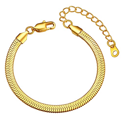 ChainsHouse Stainless Steel Herringbone Flat Chain Bracelets for Women,18K Gold/Rose Gold/Black Metal Paperclip/Snake/Cuban/Figaro Sterling Silver Link Charm Bracelet, 16+5cm Adjustable, With Gift Box - color: f. herringbone-gold-6mm
