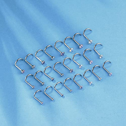 8PCS G23 Titanium Twist Screw Nose Studs 18G 20G Nose Rings 2mm 2.5mm 3mm Clear Pink Purple Aurora CZ Gold Nose Piercing Studs Nostril for Women Men - style: 18g silver mix-color cz 2mm