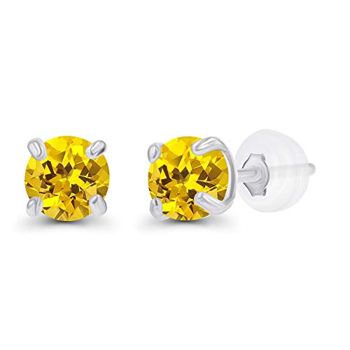 Solid 14K Gold 3mm Round Prong Set Hypoallergenic Genuine Petite Birthstone Stud Earrings - color: Created Yellow Sapphire
