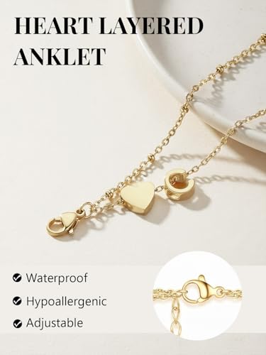 Ankle Bracelets for Women Waterproof 14K Gold/Silver/Black Initial Anklet for Women Dainty Layered Heart Ankle Bracelets Stainless Steel Adjustable Foot Chain Anklet Summer Beach Jewelry - color: J-Gold