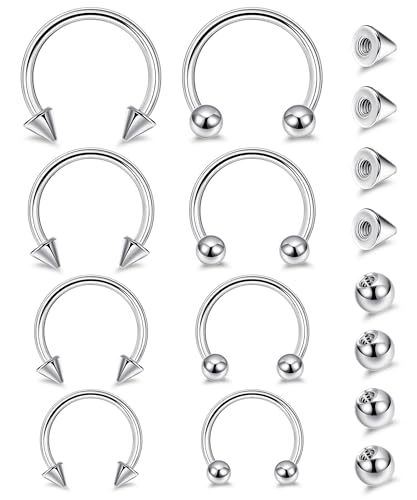 8Pcs 14G 16G 18G 20G Horseshoe Septum Nose Ring Helix Cartilage Earrings Hoops Hypoallergenic Tragus Daith Eyebrow Lip Ring Smily Piercing Jewelry Replacement Ball Spikes 7-12MM - color: Silver, size: 14G