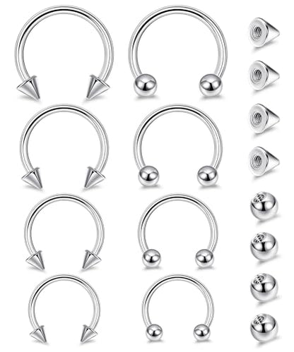 8Pcs 14G 16G 18G 20G Horseshoe Septum Nose Ring Helix Cartilage Earrings Hoops Hypoallergenic Tragus Daith Eyebrow Lip Ring Smily Piercing Jewelry Replacement Ball Spikes 7-12MM - color: Silver, size: 16G