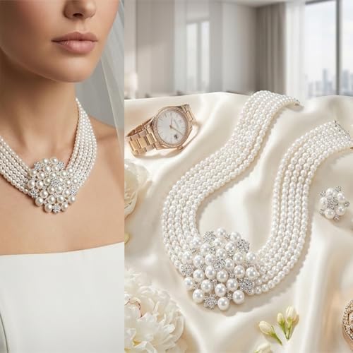 Classic Faux Pearl Jewelry Set for Women, 1950s Inspired Strand Necklace with Earrings, Elegant Gift for Mother's Day & Wedding - color: Clips Earring and Necklace