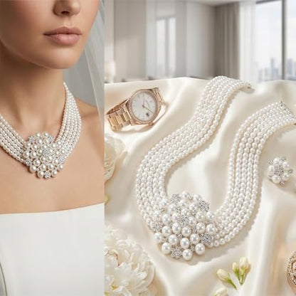 Classic Faux Pearl Jewelry Set for Women, 1950s Inspired Strand Necklace with Earrings, Elegant Gift for Mother's Day & Wedding - color: Clips Earring and Necklace