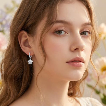 Sonateomber Christmas Tree Dangle Small Gold Hoop Earrings for Women, Cute Sparkly CZ Rhinestone Maple Clover Leaf Drop Earings Thanksgiving Holiday Accessories Fashion Jewelry Gift - color: Silver Star