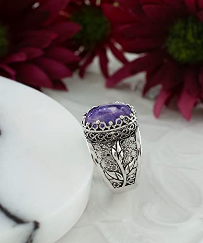 Filigranist 925 Sterling Silver Filigree Art Lace Embroidery Tulip Detailed Gemstone Women Cocktail Ring, Luxurious Gift Boxed - color: Charoite