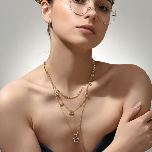 SEADAY Layered Gold Necklace for Women, 3-in-1 Gold Stack Necklace | Long Gold Necklace, Square, Hypoallergenic, Tarnish-resistant & Adjustable, Fashion Jewelry Gift Box & Gift Bag - color: Gold - Black Star