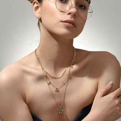 SEADAY Layered Gold Necklace for Women, 3-in-1 Gold Stack Necklace | Long Gold Necklace, Square, Hypoallergenic, Tarnish-resistant & Adjustable, Fashion Jewelry Gift Box & Gift Bag - color: Gold - Black Star