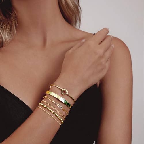 HERIER Gold Bracelets for Women 18k Gold Plated Bracelet Stack Bangle Cuff Bracelet Set for Women Non Tarnish Beaded/Paperclip/Cuban Link Chain Bracelets Jewelry for Women Trendy - style: Bangles Bracelets Set-Gold