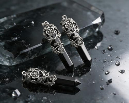 Top Plaza Flower Wrapped Natural Black Agate Crystal Necklace | Antique Silver Healing Crystal Gemstone Necklaces for Women Mothers Day Mom Gifts - color: Black Agate