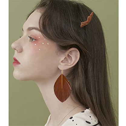 Bohemian Handmade Lightweight Color Large Genuine Soft Leather Fringe Feather Leaf Tear Dangle Drop Earrings for Women Statement - color: Brown