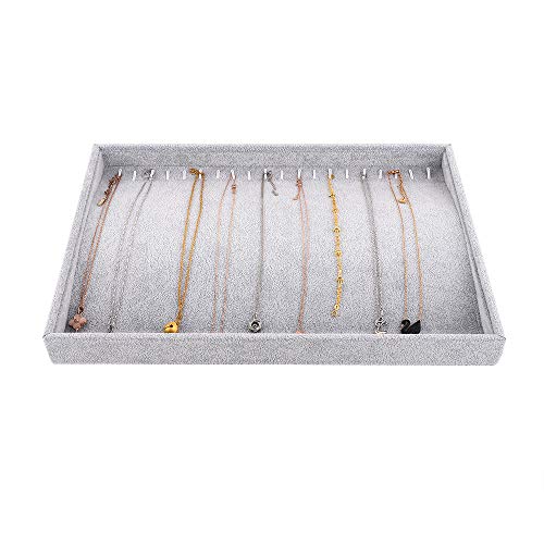 Emibele Necklace Tray Jewelry Organizer, 20 Hooks Stackable Velvet Tray | Necklace Organizer Jewelry Storage Showcase Display Tray for Necklace Pendant Bracelet with Detachable Inner Dividers, Grey - style: F1- twenty Hooks