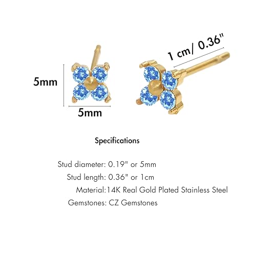 QueenBee 14K Gold Plated Ivy Flower Birthstone Stud Earrings for Women Dainty Floral Gemstone Studs Unique Jewelry Gift for Her - color: Dec-Blue topaz