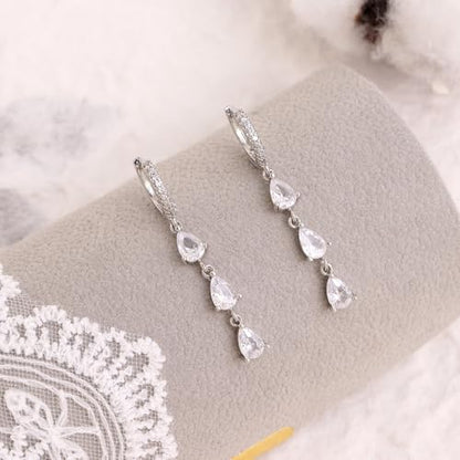 Sonateomber Gold Silver Small Hoop Dangle Earrings for Women, Trendy Dainty Rhinestone CZ Dangling Prom Wedding Leaf Flower Snowflake Butterfly Starfish Fashion Jewelry Gift - color: Silver Teardrop