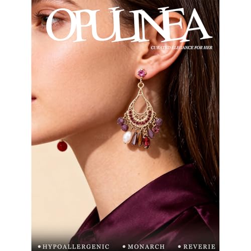 Fringe Dangling Tassel Earrings for Women, Handcrafted Chandelier Long Bohemian Beaded Cubic Zirconia Crystal Imitation Pearls Inlay Statement Boho Chain Hook Earrings for Wedding Party - color: Gold Teardrop Purple Crystal