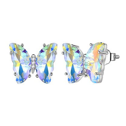 Aurora Tears Butterfly Necklace Earrings Ring Bracelet - Women 925 Sterling Silver Animal Butterflies Birthstone Pendant Crystal Wedding Birthday Jewelry - color: earrings-April-Diamond