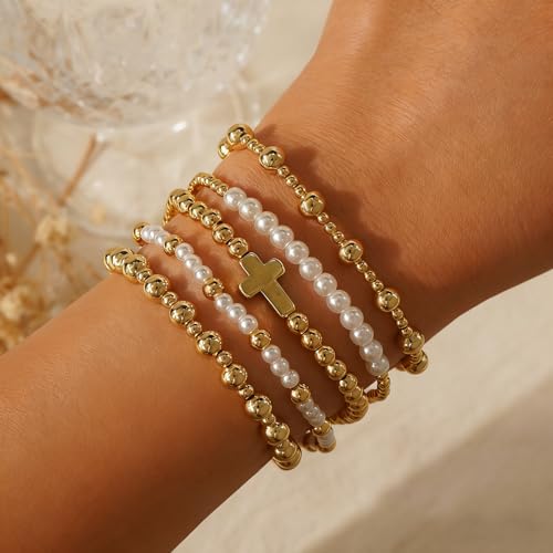 Colorful Gold Plated Stackable Ball Seed Beaded Bracelets Set For Women, Boho Handmade Romantic Stretch Accessories Jewelry, Daily Wear Holiday Party Friendship Gift - color: Freshwater Pearl