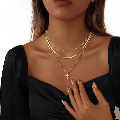 Layered Gold Cross Necklaces for Women, Stack Stackable 14K Gold/Silver Plated Cubic Zirconia Pendant Necklace Set Dainty Choker Layering Necklaces for Women Faith Jewelry Religious Gift - style: Gold-CZ-1