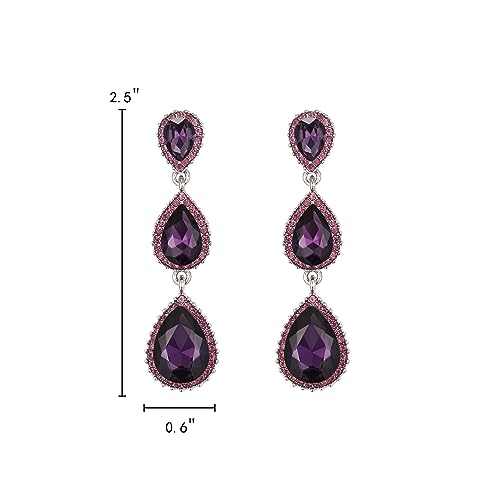 EleQueen Women's Crystal Teardrop Pear Shape 2.5 Inch Long Earrings | Dangle Earrings for Women, TearDrop Crystals Earrings for Bride Bridesmaid, Prom Jewelry for Wedding - color: Full Purple Silver-Tone