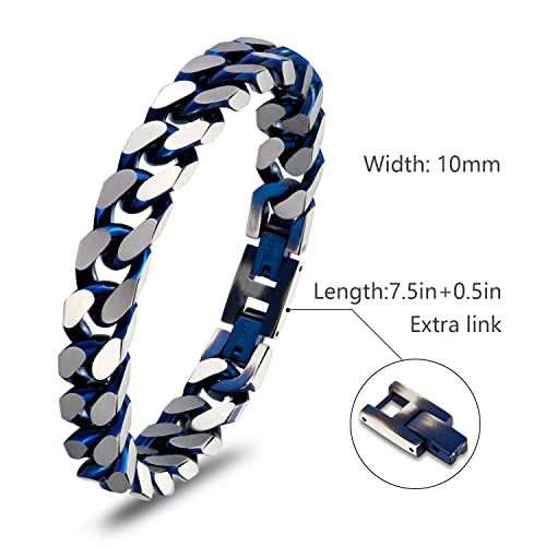 Mens Bracelet-Stainless Steel Fold Over Clasp Cuban Chain-Bracelets for Men - color: E-Blue