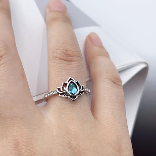 Lotus Ring for Women - Zircon Inlaid Flower Promise Ring - My Trauma Inspirational Statement Floral Jewelry Gift - color: blue