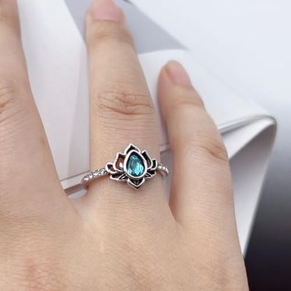 Lotus Ring for Women - Zircon Inlaid Flower Promise Ring - My Trauma Inspirational Statement Floral Jewelry Gift - color: blue