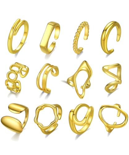 Fxiqini 12Pcs Gold Stackable Rings 18K Gold Plated Chunky Knuckle Finger Ring Geometric Bead Cloud Wave Flower Hollow Statement Bands Signet Open Rings for Women Adjustable Size 4-9 - color: A-Gold