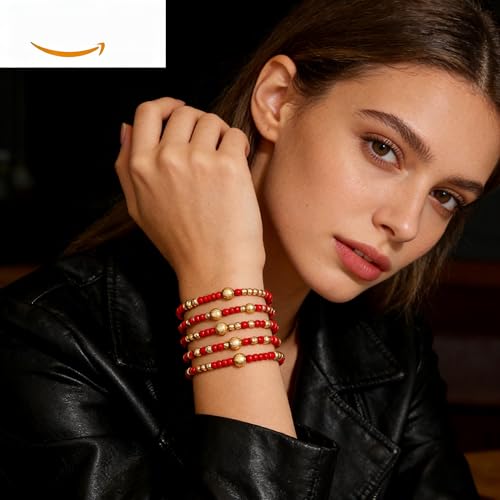 LOTSOF Bohemia Multilayer Beaded Bracelet Set, Turquoise Resin Colorful Surfer Heishi Style Elastic Spring Clasp Friendship Elastic Wristbands Summer Beach Boho Vacation Jewelry - color: Red