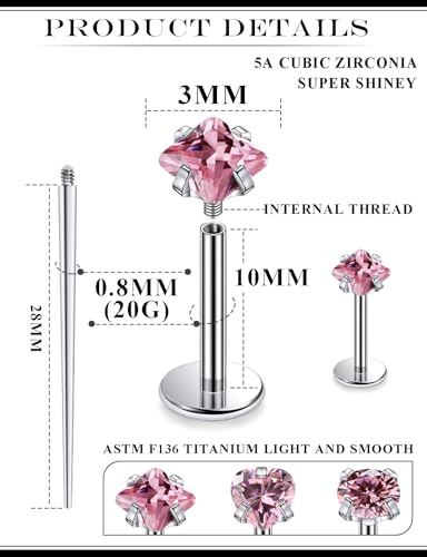20G 18G 16G Astm F136 Titanium Internal Thread Flat Back Earrings Nose Studs Tragus Helix Conch Cartilage Lobe Earrings Medusa Labret Snake Bite Monroe Lip Ring Piercing Jewelry For Women Men - color: Pink, size: 20G-10MM Bar-CZ 3MM