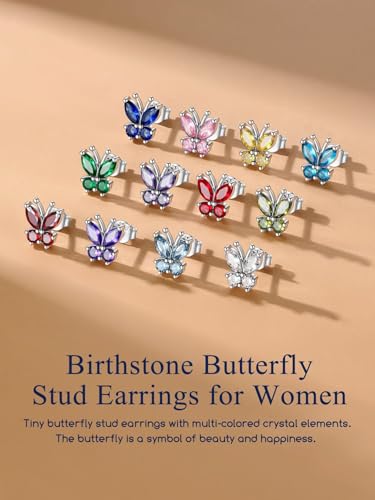 Suplight Butterfly Stud Earrings 925 Sterling Silver 14K Gold Brithstone Earrings for Women Brithstone Jewelry Gifts - color: 03.March( Aquamarine), size: Silver