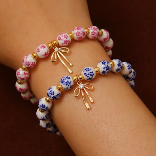 3PCS Bow Beaded Jewelry Set for Women Vintage Handmade Flower Blue And White Porcelain Enamel Ribbon Necklace Bracelet and Earrings Bow Christmas Birthday Holiday Charm Romantic Jewelry Gifts - style: Style B