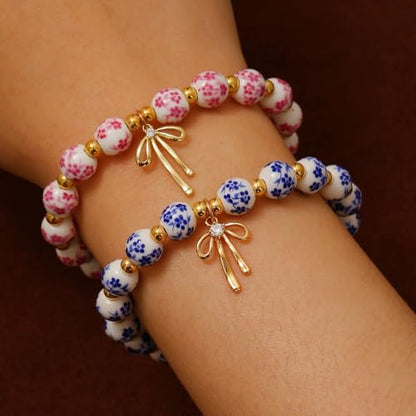 3PCS Bow Beaded Jewelry Set for Women Vintage Handmade Flower Blue And White Porcelain Enamel Ribbon Necklace Bracelet and Earrings Bow Christmas Birthday Holiday Charm Romantic Jewelry Gifts - style: Style B